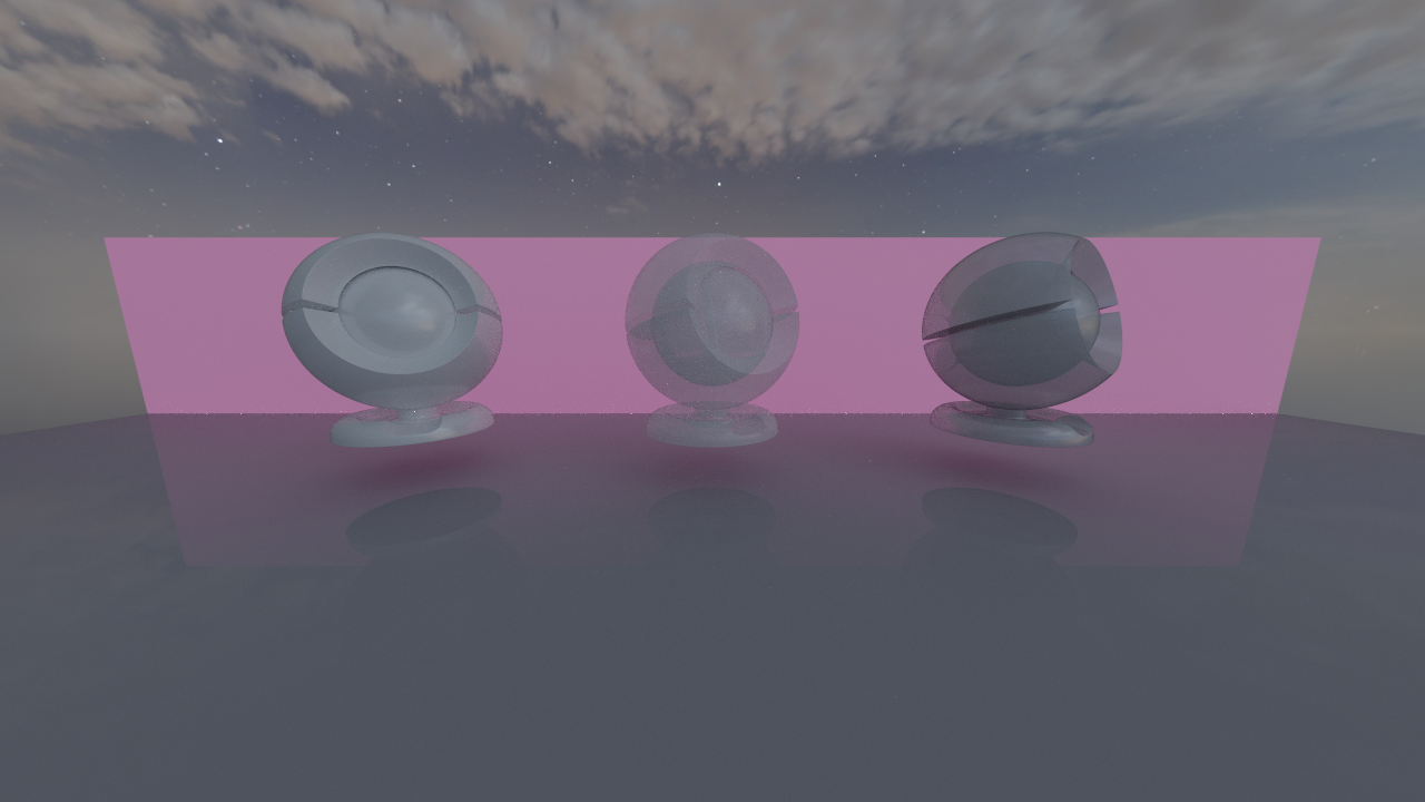 alpha 和 transmission 的对比:左边是 alpha=0, transmission=(0,0,0), 中间是 alpha=0.5, transmission=(0,0,0),右边是 alpha=0, transmission=(0.5,0.5,0.5)