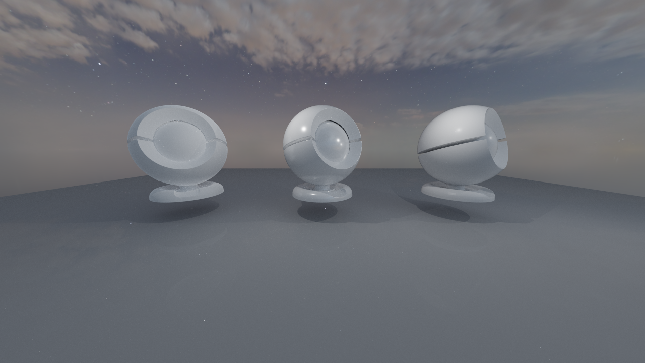 specular 和 clear coat 的对比:左边是粗糙无清漆, 中间是光滑(with roughness=0.05)无清漆,右边是粗糙有清漆(with 强度=0.5, roughness=0.05)