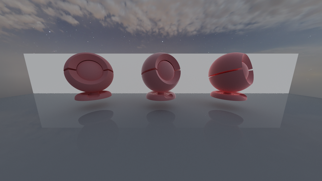 sheen:左边是无 sheen,中间是有 sheen,tint=0,右边是有 sheen,tint=1。为了凸显效果我把 sheen 的强度调为 10 了。可以关注 matball 的底座部分